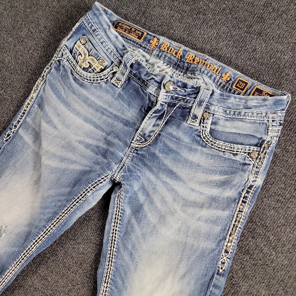 Rock Revival JEANS WOMENS 28 KAI EASY Boot THICK STITCH EMBELISHED WHISKERING